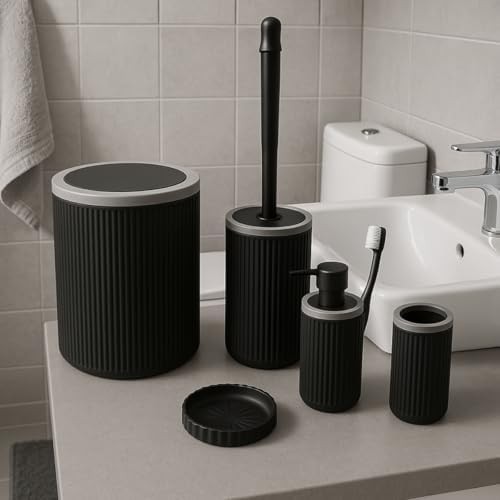 Prime 5’li Banyo Seti, Modern Şık Tasarımlı Çöp Kovası, Tuvalet Fırçası, Sıvı Sabunluk, Diş Fırçalık ve Sabunluk Takımı | Dayanıklı Plastik, Lüks Görünüm, Kaymaz ve Suya Dayanıklı Set görsel 2