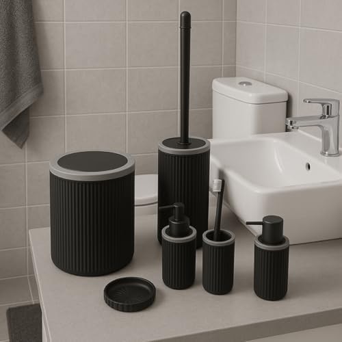 Prime 5’li Banyo Seti, Modern Şık Tasarımlı Çöp Kovası, Tuvalet Fırçası, Sıvı Sabunluk, Diş Fırçalık ve Sabunluk Takımı | Dayanıklı Plastik, Lüks Görünüm, Kaymaz ve Suya Dayanıklı Set görsel 3