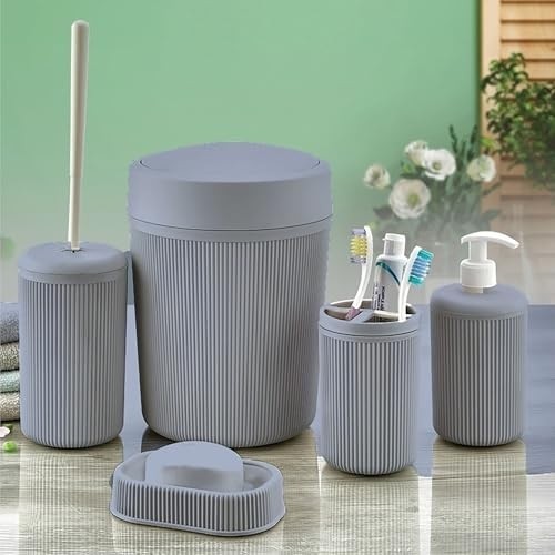 Prime Banyo Seti, Çöp Kovası, Sıvı Sabunluk, Diş Fırçalık, Sabunluk ve Tuvalet Fırçası, 5 Parça (Gri)