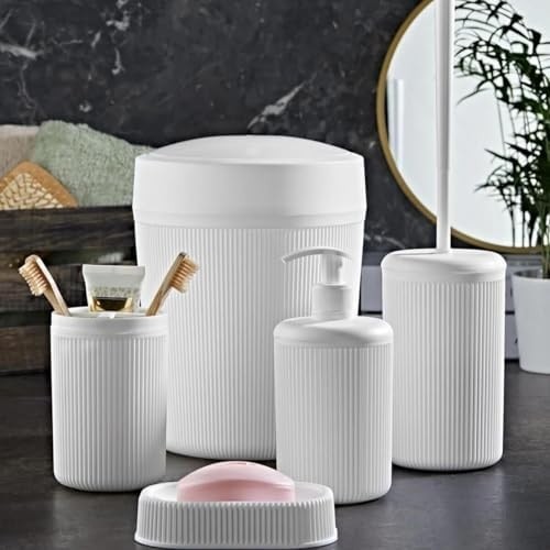 Prime 5’li Banyo Seti, Beyaz Renk, Modern Çizgili Tasarım, Dayanıklı Plastik görsel 2