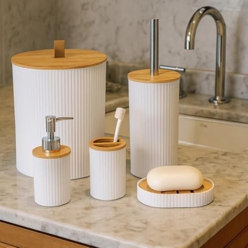 Prime 5 Parça Yuvarlak Banyo Seti, Bambu Kapaklı, Beyaz, Hacim: 7 Litre görsel 2