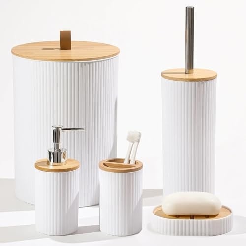 Prime 5 Parça Yuvarlak Banyo Seti, Bambu Kapaklı, Beyaz, Hacim: 7 Litre görsel 3