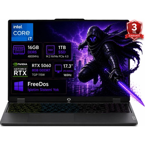 Lenovo Loq I7-13650HX 16GB Ddr5 1tb SSD RTX5060 8gb Tgp 115W 17.3" IPS 165Hz Freedos Taşınabilir Bilgisayar