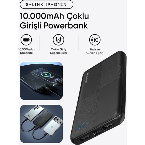 S-Link IP-G12N 10000MAH Micro+Usb+ Type-C Giriş+Çıkış Taşınabilir Pil Şarj Cihazı Powerbank