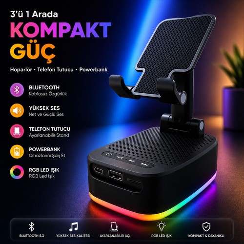 Rose Teknoloji Rgb Ledli 3 In 1 Telefon Tutucu Powerbank ve Bluetooth Hoparlör Özellikli Tf Kart ve USB Bellek Destekli Taşınabilir Telefon Tutu