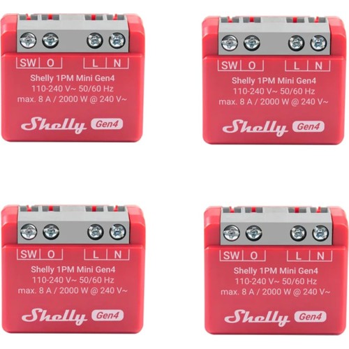 Shelly 1pm Mini Gen4, Wifi Destekli Akıllı Röle Anahtarı, 1 Kanal, 8A, Güç Ölçümü, Ev Otomasyonu, Hub Gerekmez, Alexa, Apple Homekit ve Google Home, Zigbee ve Matter (4'lü Paket)