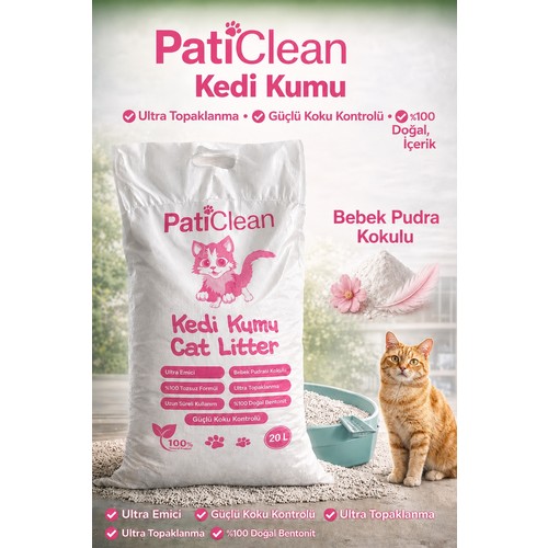 Pati Clean Bebek Pudra Kokulu 20 lt İnce Taneli Süper Topaklanan Kedi Kumu