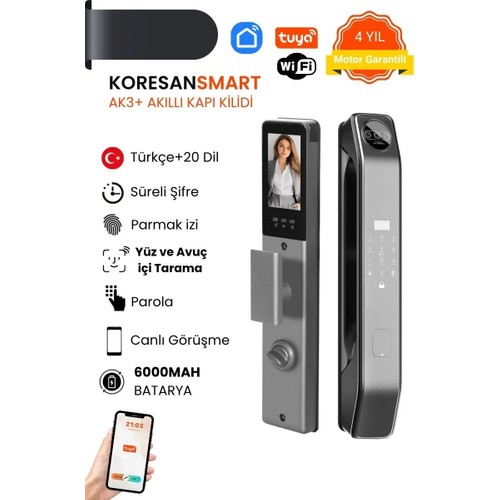 Koresan Akıllı Kapı Kilidi AK3+ Modeli Yüz ve Avuç İçi Tanıma Özellikli Wifi Destekli