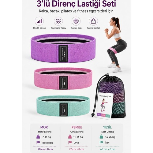 3 Lü Fitness Aerobik Pilates Squat Lastiği Kalça Ve Bacak Güçlendirici Dokuma Direnç Bandı