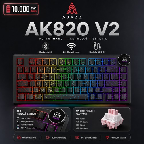 CoverZone White Peach Switch Kablosuz Manyetik Oyuncu Klavyesi 8k Hz 0.01MM Rt Gecikme Tft Ekran 10000MAH Rgb Bluetooth 5.0 2.4ghz Usb-C