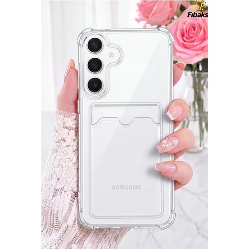 Fibaks Galaxy S25 Fe Kılıf Kamera Koruma ve Köşe Korumalı Kartlıklı Cüzdanlı Darbe Emici Şeffaf Telefon Kılıfı Kapak
