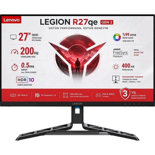 Lenovo Legion R27qe Gen 2 27" 0.5 ms (MPRT) 200Hz HDR10 AMD FreeSync Premium IPS Panel QHD (2560 x 1440) Pivot Gaming Monitör