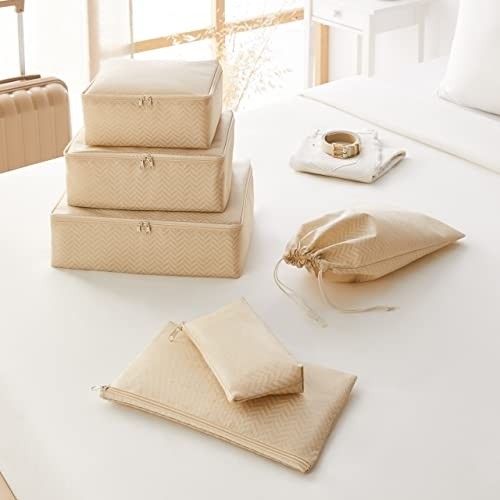 Ocean Home Textile 6'lı Bej Balıksırtı Bavul Içi Düzenleyici Set görsel 4