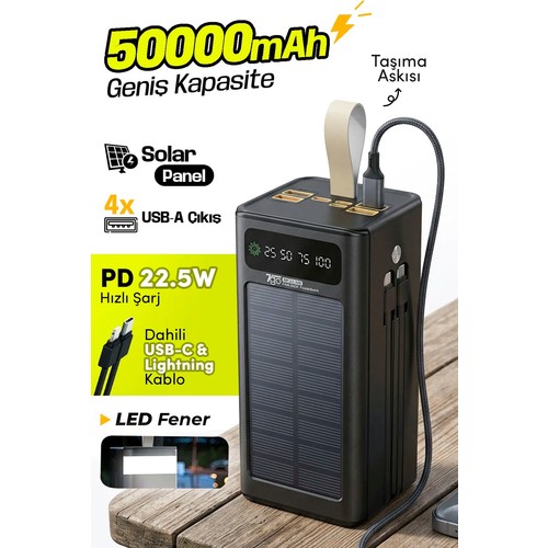 7go Gpw-01 50000 mAh Solar Powerbank 22.5 W Hızlı Şarj ile 4 USB Çıkışı Taşınabilir Şarj Cihazı
