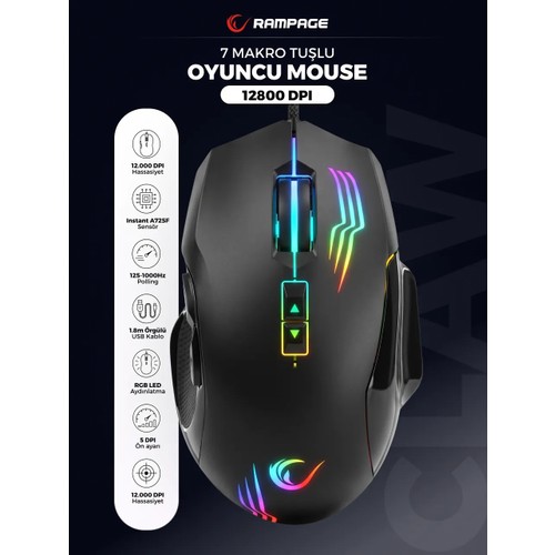 Rampage SMX-G38 Claw USB 8 Makro Tuşlu Rgb Ledli Oyuncu Mouse