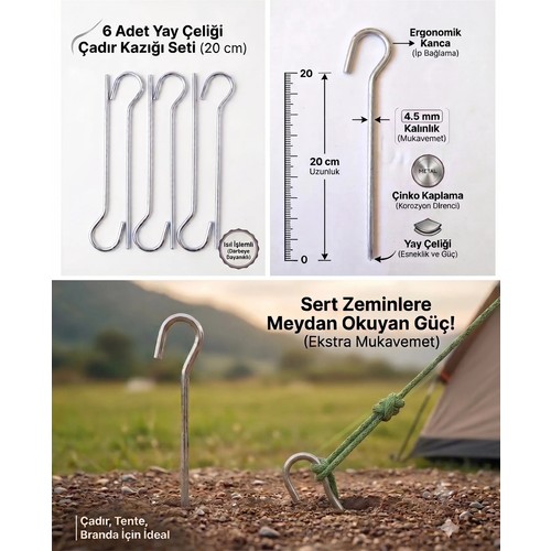 Yaylink 6 Adet Kalın Yüksek Dayanımlı Çelik Kamp Çadır Branda Tente Kazığı Gölgelik Sabitleme Çivisi (20 cm x 4.5 mm)