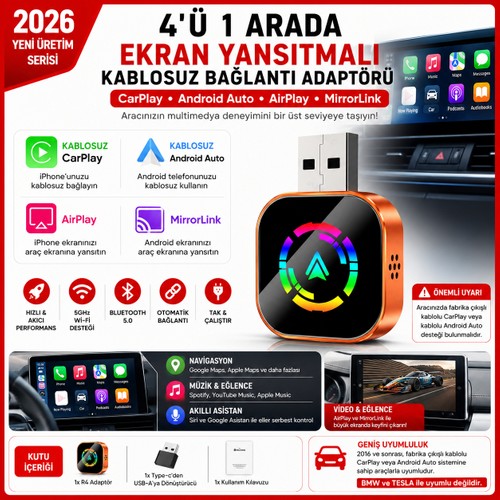 MayPal R4 4'ü 1 Arada Kablosuz CarPlay, Android Auto, AirPlay ve MirrorLink Adaptörü Youtube Video Yansıtma Telefon Yönetme
