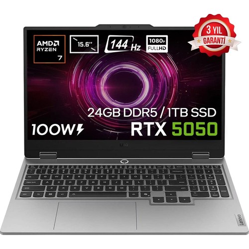 Lenovo Loq Amd Ryzen 7-250 24GB Ddr5 1tb SSD RTX5050 8gb 100W 15.6 Inç Full Hd 144Hz IPS Windows 11 Pro Gaming Laptop