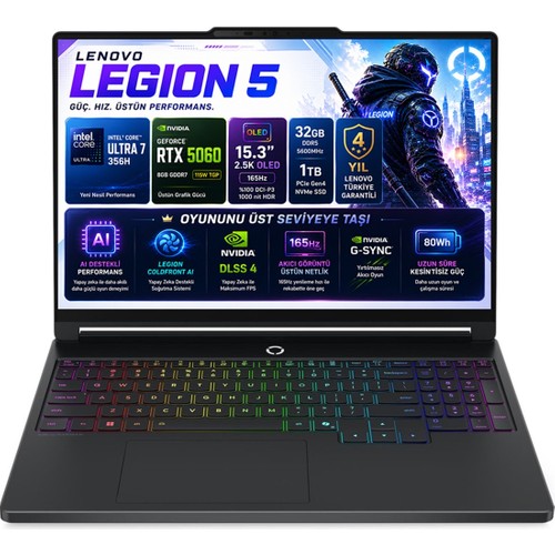 Lenovo Legion 5 Intel Core Ultra 7 356H 32GB 1TB SSD RTX5060 15.3'' OLED 165Hz Freedos Taşınabilir Bilgisayar