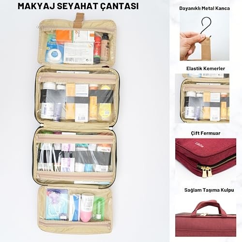 1001 Makyaj Seyahat Çantası Bavul Düzenleyici Makyaj Bavulu Çanta Kozmetik Bakım Çantası (Bordo) görsel 4