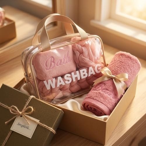 1001 4 Parça Şeffaf Makyaj ve Banyo Çantası Seti - Pembe Banyo Lifi, Sırt Kesesi ve Mikrofiber El Ha görsel 3