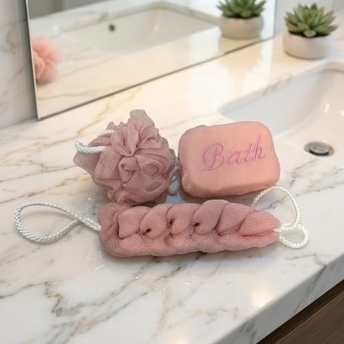 1001 4 Parça Şeffaf Makyaj ve Banyo Çantası Seti - Pembe Banyo Lifi, Sırt Kesesi ve Mikrofiber El Ha görsel 4