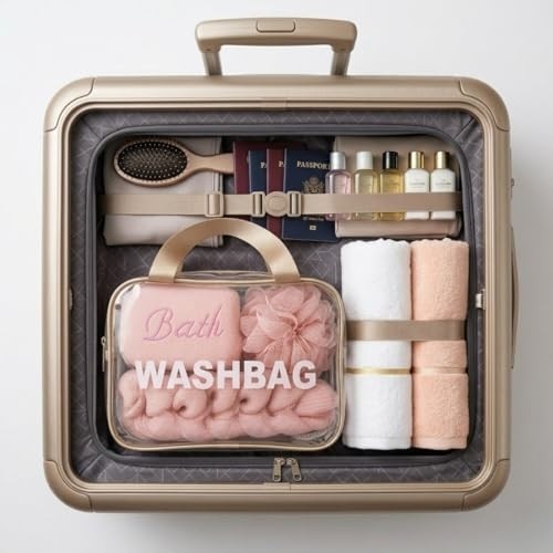 1001 4 Parça Şeffaf Makyaj ve Banyo Çantası Seti - Pembe Banyo Lifi, Sırt Kesesi ve Mikrofiber El Ha görsel 5