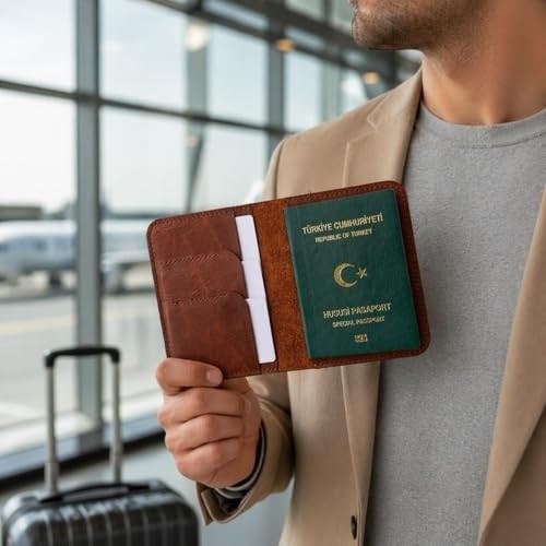 1001 Hakiki Deri Pasaport Kılıfı, Kart ve Kimlik Bölmeli Seyahat Cüzdanı - Kahverengi görsel 5