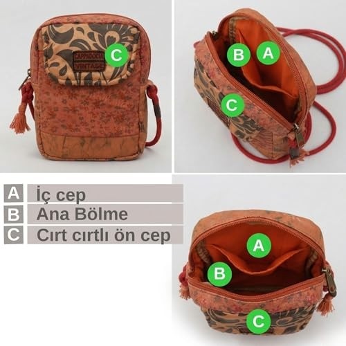 1001 Kadın Ekru Çiçek Desenli Omuz Çantası 20 x 15 x 6,5 cm Bohem Tarz Mini El Çantası Telefon Ça görsel 5