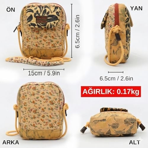 1001 Kadın Ekru Çiçek Desenli Omuz Çantası 20 x 15 x 6,5 cm Bohem Tarz Mini El Çantası Telefon Ça görsel 4