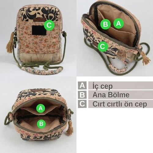 1001 Kadın Ekru Çiçek Desenli Omuz Çantası 20 x 15 x 6,5 cm Bohem Tarz Mini El Çantası Telefon Ça görsel 5