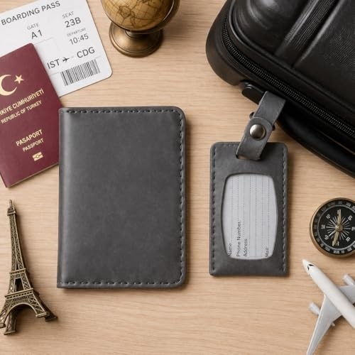 1001 Hakiki Deri Pasaport Kılıfı & Valiz Etiketi Seti, El Yapımı Unisex Pasaport Cüzdan, 4 Ka görsel 2
