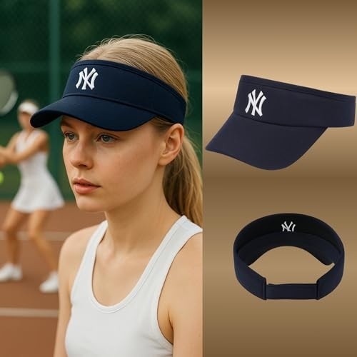 1001 Vizör Şapka Ny Logolu Ayarlanabilir Pamuklu Tenis Golf Spor Şapkası Unisex Lacivert görsel 5