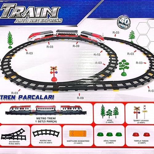 Aesco Solira Store - 40 Parça Pilli Işıklı Hızlı Tren Oyun Seti 308 cm Şalterli ve Kavisli Raylı Ağaç Işaretli Tren Seti görsel 3