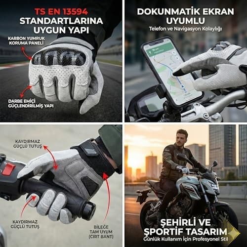 Aesco Rvk Yazlık Motosiklet Eldiveni Karbon Korumalı Ts En 13594 Etiketli Dokunmatik Ekran Uyumlu, L Beden görsel 3