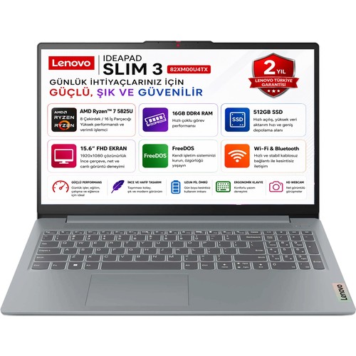 Lenovo Ideapad Slim 3 FHD AMD Ryzen 7 5825U 16 GB RAM 512 GB SSD 15,6 inç FreeDOS Laptop