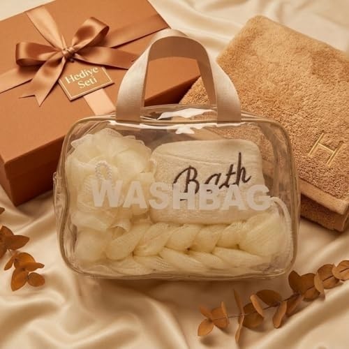 1001 4 Parça Şeffaf Banyo Hediye Seti - Krem Ekru Banyo Lifi, Örgülü Uzun Sırt Kesesi ve Mikrofiber görsel 3