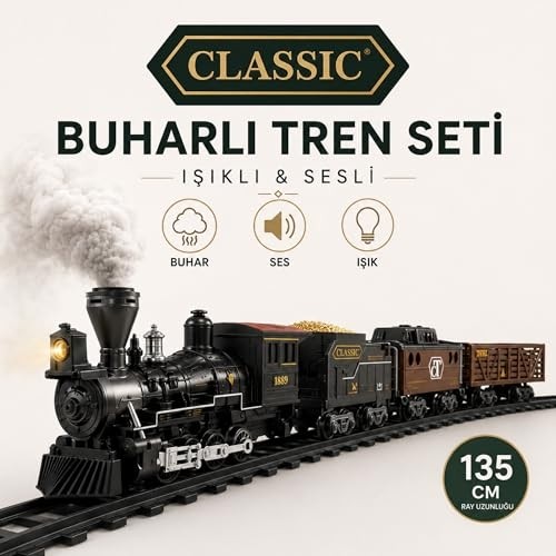 Aesco Işıklı Sesli Buharlı Tren Seti 30 Parça, Gerçek Buhar Efektli, Klasik Lokomotif Oyuncak Tren (135 cm Ray) görsel 3