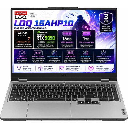 Lenovo LOQ AMD Ryzen 7-250 16GB DDR5 1TB SSD RTX 5050 8GB 100W 15.6 Inç Full HD 144Hz IPS Freedos Gaming Laptop