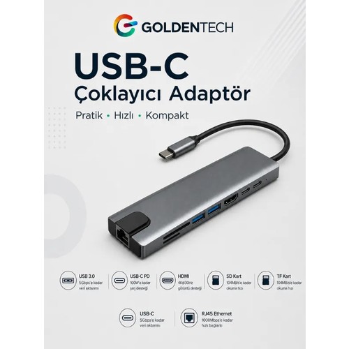 Macbook Pro Air Uyumlu USB Type-C 8 Hub Dönüştürücü Çevirici Çoklayıcı