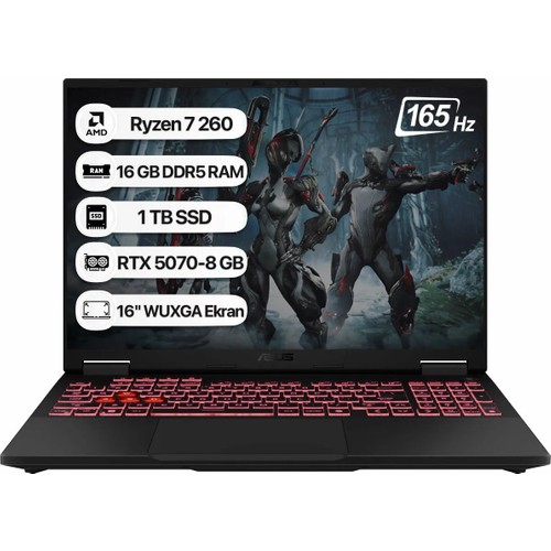 Asus Tuf Gaming A16 Amd Ryzen 7 260 16GB 1tb SSD RTX5070-8GB 115W Freedos 16" Wuxga 165Hz Taşınabilir Bilgisayar