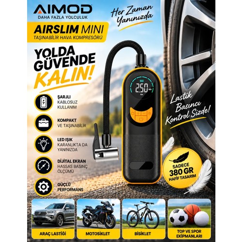 Aimod Airslim Mini Taşınabilir Şarjlı Araba Hava Kompresörü LED Işıklı Oto Araç Lastik Top Şişirme Pompası