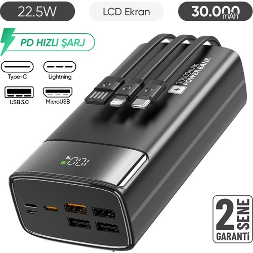 Feny SNP-3035 30.000 Mah Pd 22.5W Hızlı Şarj Dahili Kablolu LCD Powerbank Taşınabilir Şarj Cihazı