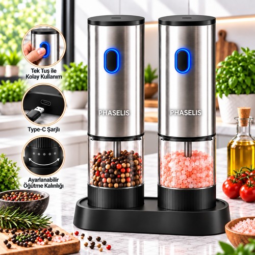 Phaselıs Ps-02 Type-C USB Şarjlı Tuz ve Karabiber Öğütücü Değirmeni 2'li Paket Set Ayarlanabilir Öğütme