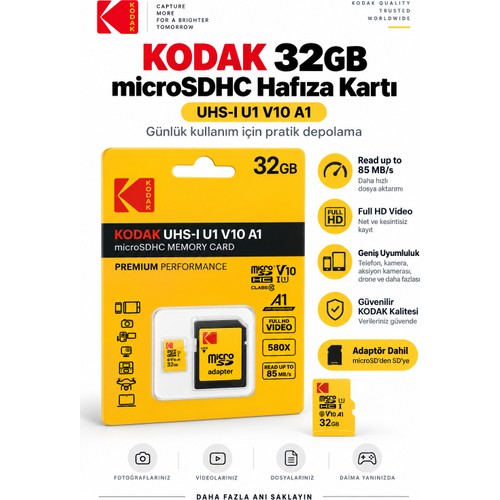 Kodak 32 GB Class 10 MicroSD hafıza kartı, SD adaptörlü