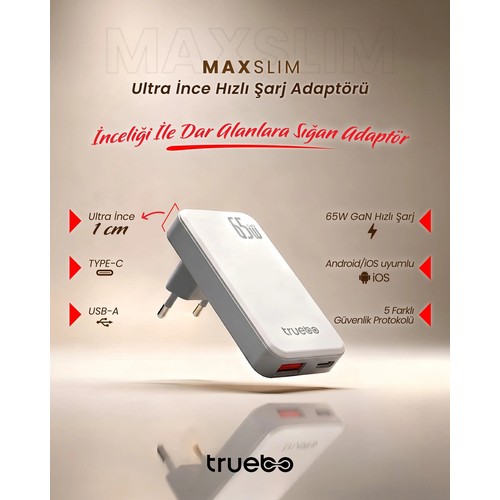 Truebo ''True''bo MaxSlim 65W GaN Ev Şarj Adaptörü Hızlı Şarj Özelliği ile Renkli Güçlü Performans