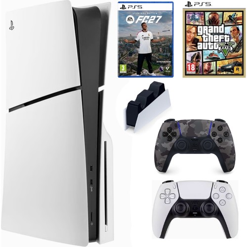 Sony Playstation 5 Slim CD En Yeni Versiyon Cfı- 2116 )+2.kol Dualsense Kamoflaj + Şarj Istasyonu + Gta 5 + FC27
