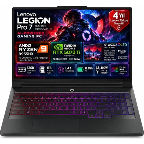 Lenovo Legion Pro 7 AMD Ryzen 9 32GB 1TB SSD RTX 5070 TI 12GB (140W) 16" WQXGA OLED 240Hz Freedos Taşınabilir Bilgisayar