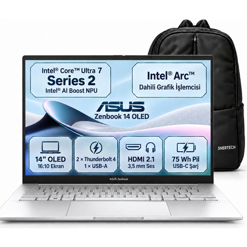 Asus Zenbook 14 OLED S1 Intel Core Ultra 7 255H 16GB 512GB SSD 14" Windows 11 Home Taşınabilir Bilgisayar + Snertech Çanta