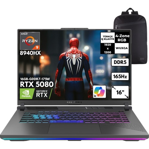Asus Rog Strix G16 Ryzen 48 2 Tbssd RTX5080 (16 16" Wuxga 165Hz Freedos + Qb Sırt Çantası